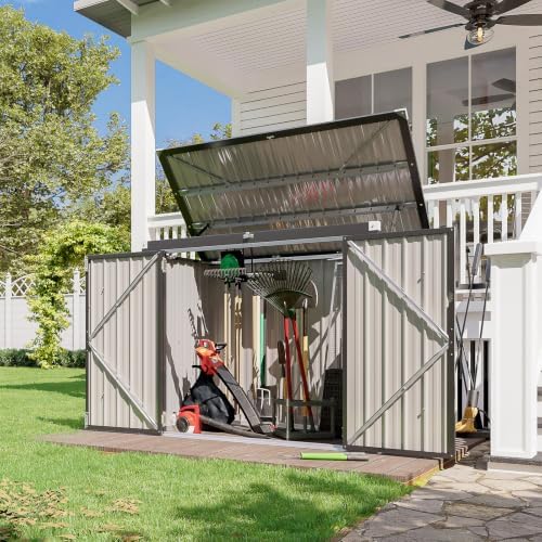 60 cu.ft outdoor trash can storage shed, front angle view