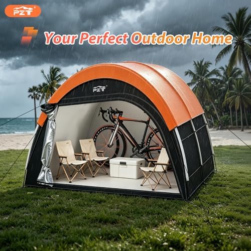 upgraded bike tent with rain cover, outdoor storage, front angle view