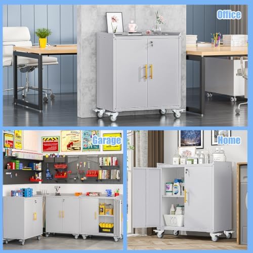 35.6" rolling metal garage storage cabinet with wheels, front angle view