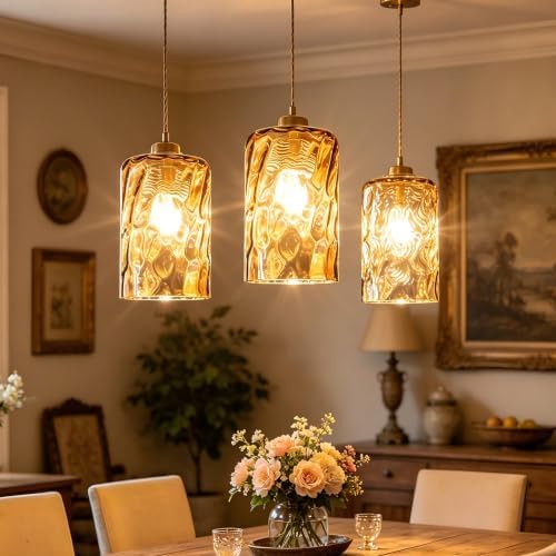 GO&SO Glass Lamp Shade Replacement 3Pc Amber Hammered 3.94" W x 5.9" H | Hand Blown Hammered Glass,1-5/8" Fitter,E26 Base,Fits Pendant Lights Fixtures,Wall Sconces,Table Lamps,Floor Lamp Cover