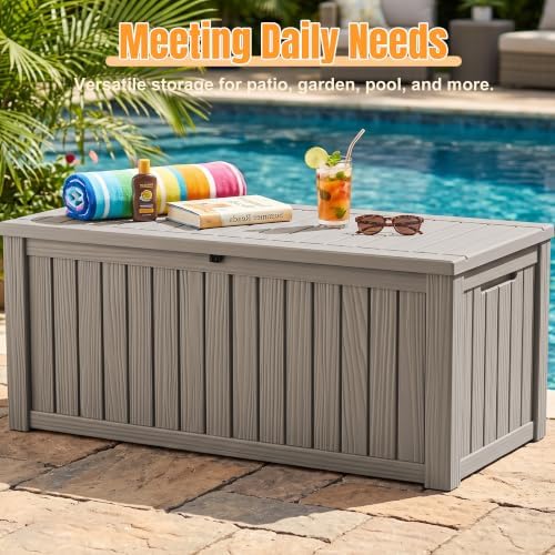 outdoor storage box, 260 gal waterproof resin deck, front angle view