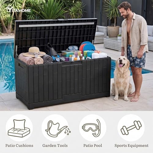 yitahome 120 gallon large deck box on a desk or shelf