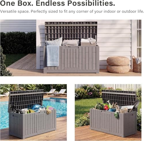 east oak outdoor storage box, 80 gallon deck, front angle view