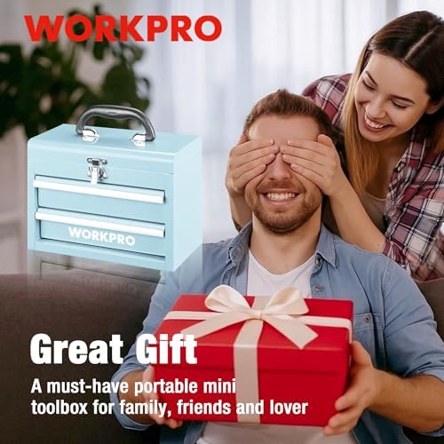 workpro portable mini metal tool box with 2, front angle view
