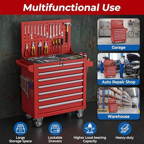 rolling tool chest with wheels, 7 drawers metal on a desk or shelf