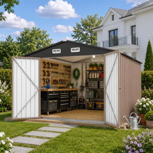 10x12 ft outdoor storage shed, metal garden shed on a desk or shelf