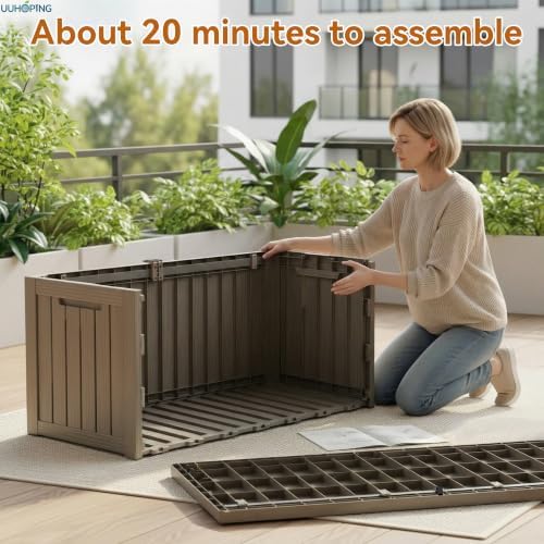 150 gallon outdoor deck box, resin waterproof storage, front angle view