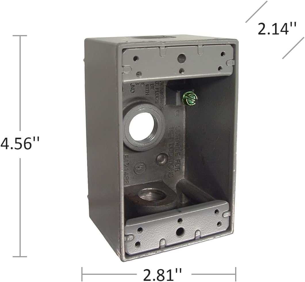 BELL 1-Gang Weatherproof Box, Three 1/2 in. Threaded Outlets, Gray | Die-Cast Aluminum, NEMA 3R, UL Listed, CSA Certified, Single Gang Weatherproof Box, Includes Ground Screw, Threaded Outlets