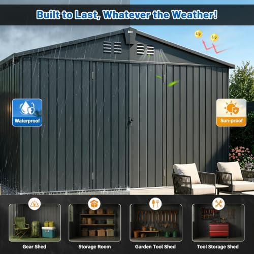 domi outdoor storage shed 11x9 ft, metal tool, front angle view