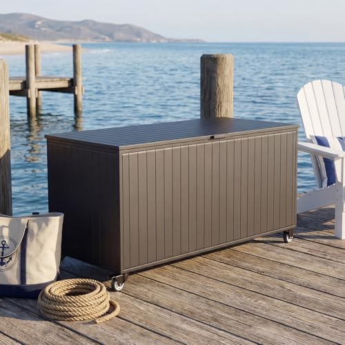 250 gallon metal large outdoor deck box with, front angle view