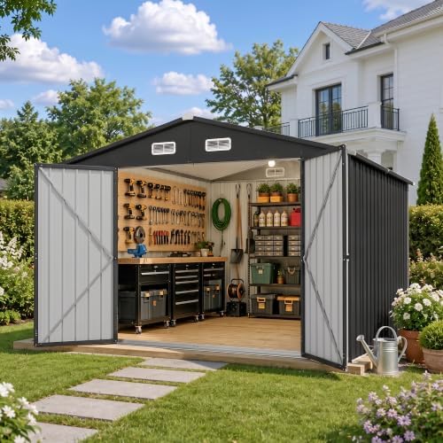 10x12 ft outdoor storage shed, metal garden shed on a desk or shelf