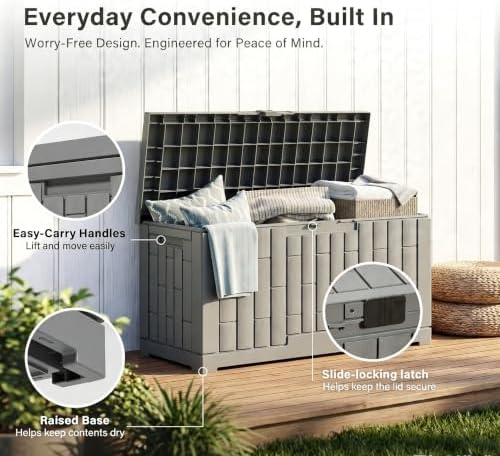 lausaint home 60 gallon resin deck box, package on a desk or shelf