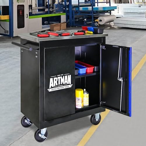 double-door heavy-duty rolling steel tool cart with handle&wheels, front angle view