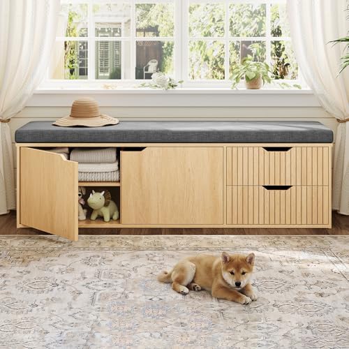59" storage bench with drawer, 2-tier shoe bench, view 9