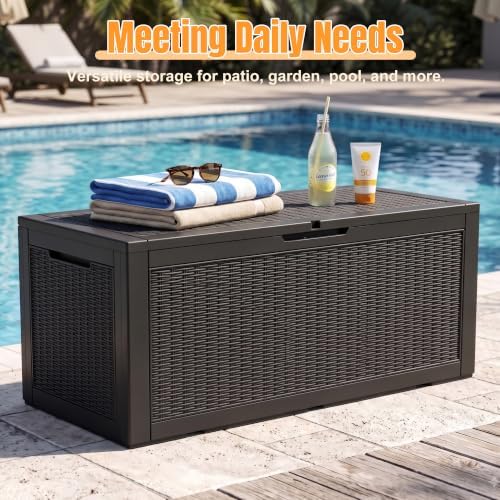 outdoor storage box, 160 gallon waterproof resin deck, front angle view