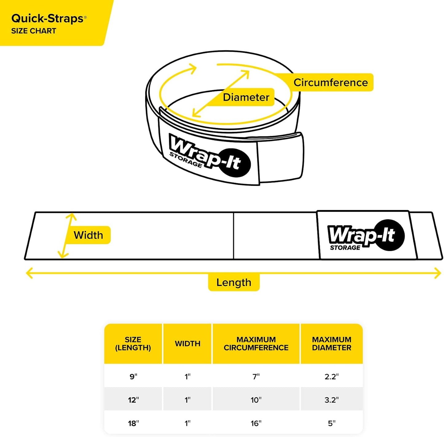 Quick-Straps by Wrap-It Storage - 12" (12 Pack) Yellow - Extension Cord Holder for RV and Boat Organizing | Extension Cord Holder for RV and Boat Organizing