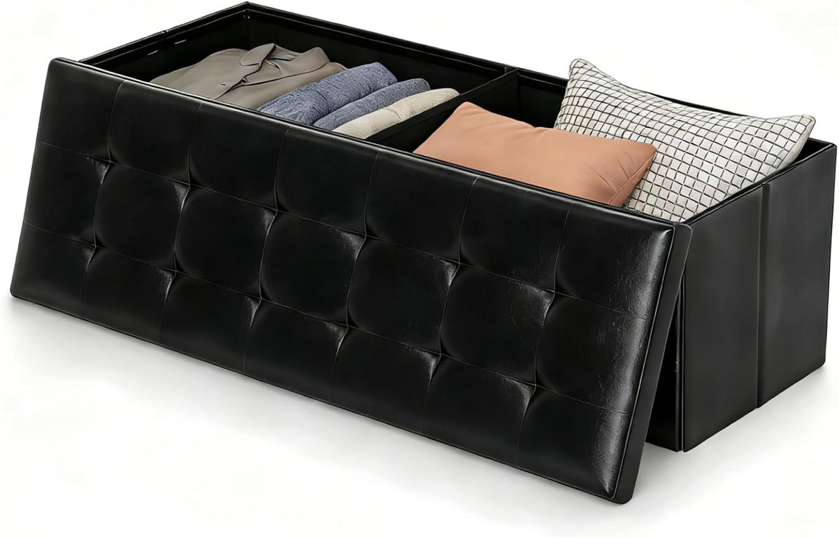 43" folding storage ottoman bench, faux leather storage, main product view