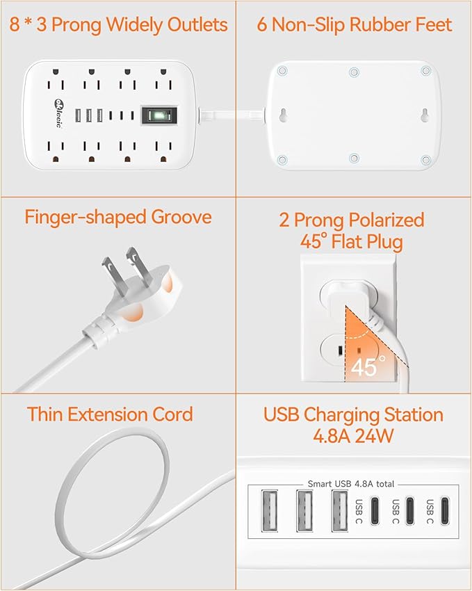 2 Prong Power Strip, 3 to 2 Prong Outlet Adapter, 1700J 2 Prong Surge Protector - Image 8