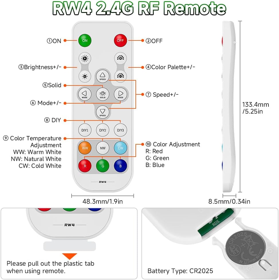 BTF-LIGHTING SP805E WLED Controllers 2.4GHz RF RW4 Remote Kit,DC5V/12V/24V | RF Remote, DIY Effect Save, Support FCOB COB SMD PWM or SPI Dim CCT RGB RGBW LED Strip WS2811 WS2812B WS2814 WS2815 SK6812