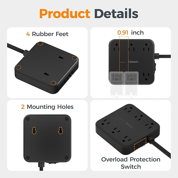 TESSAN Flat Plug Extension Cord 15 Ft, 2100J Surge Protector Power Strip - Image 8