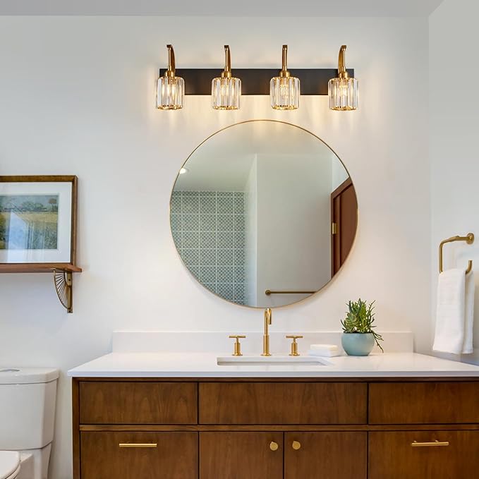 FDPBY 4-Light Crystal Vanity Light, Modern Black Gold Bathroom Wall Sconce - Image 7