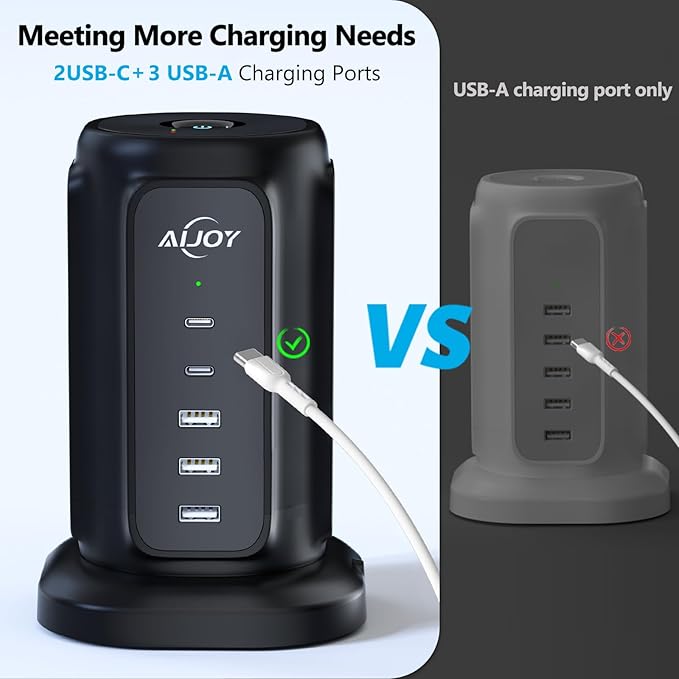 AiJoy Power Strip Tower with 9 AC Outlets and 5 USB Ports, Flat Plug 1625W - Image 7
