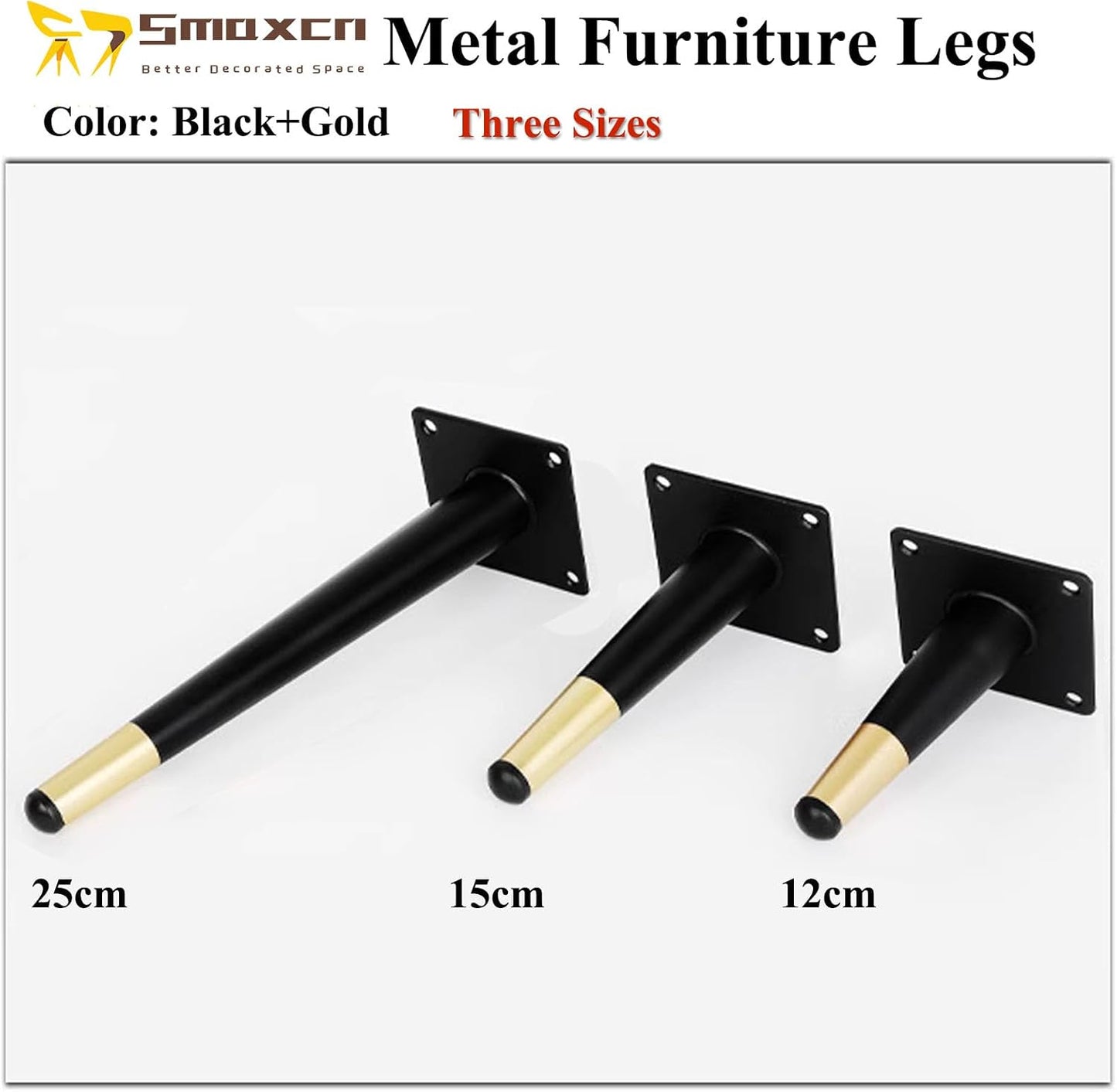 4pcs 9 7/8 inch (25cm) Black & Gold Metal Furniture with Level Feet | Straight Furniture Feet for TV Stand, Sofa, Dresser, Cabinet, Vanity