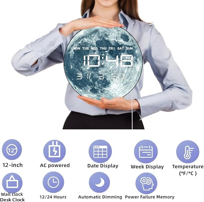 Timethink 12'' Full Moon Digital Wall Clock - Image 9