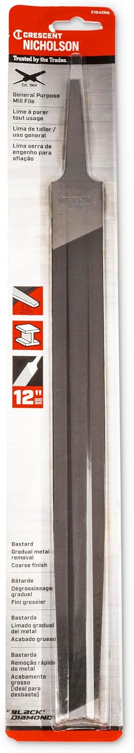 Nicholson 12"" Mill Single Cut Bastard File - Carded - 21842NN", multi