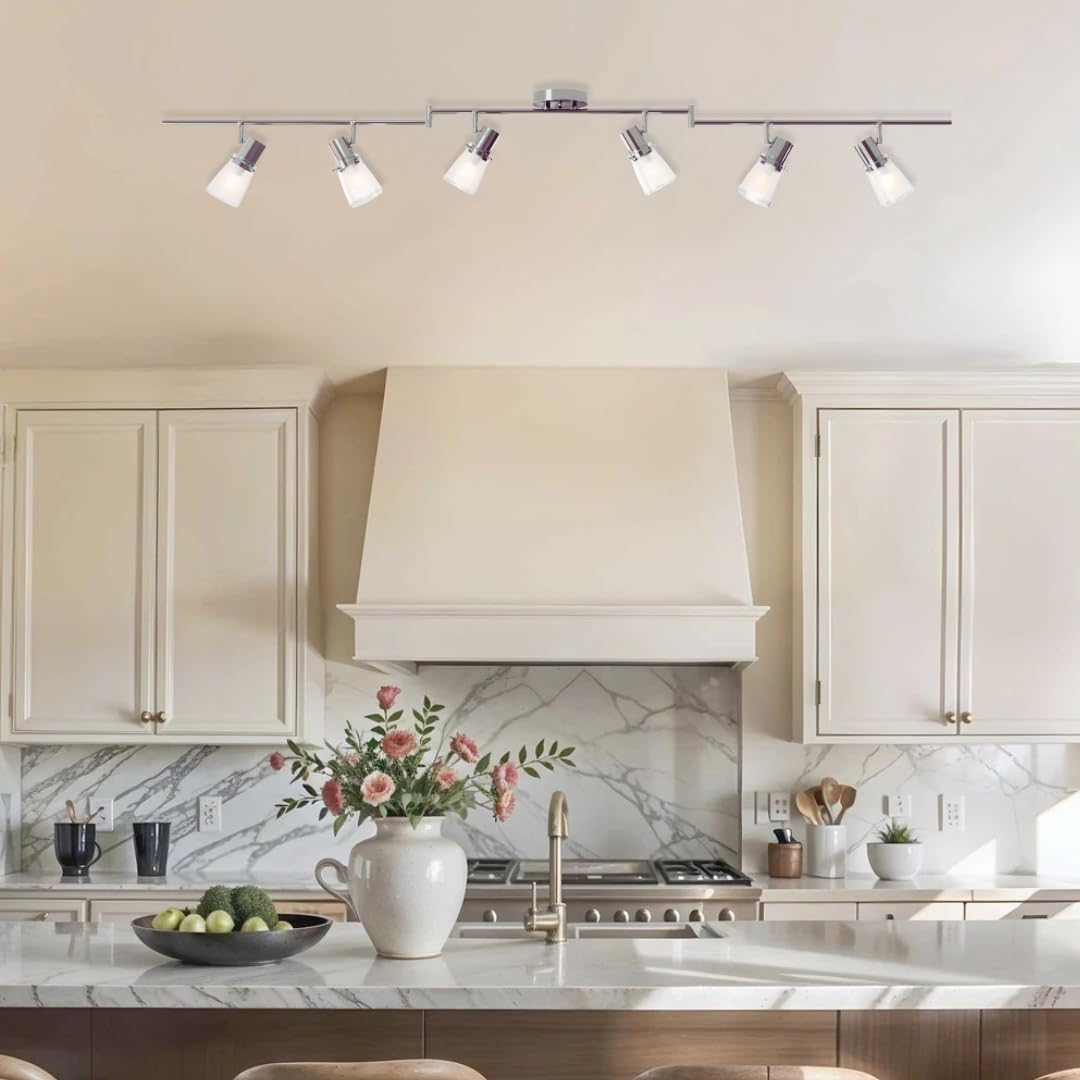 6-Light Decorative Track Lighting Kit, Brushed Steel Finish Flush Mount Ceiling Light Fixture with Frosted Glass Shades, Foldable Z-Bar, E26 Adjustable Heads Provide Directional Light