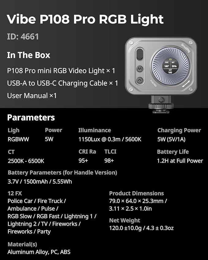 SMALLRIG Vibe P108 Pro RGB Video Light, Portable Led Camera Light - Image 9