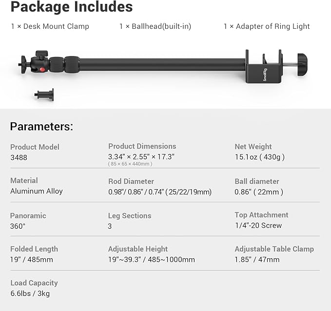 SmallRig Camera Desk Mount Table Stand, Adjustable Light Stand 15"-35" - Image 8
