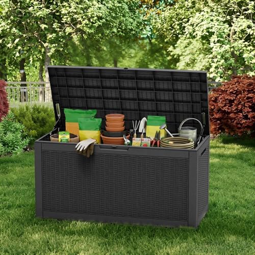 vixzen versatile resin deck box, all weather lockable, front angle view