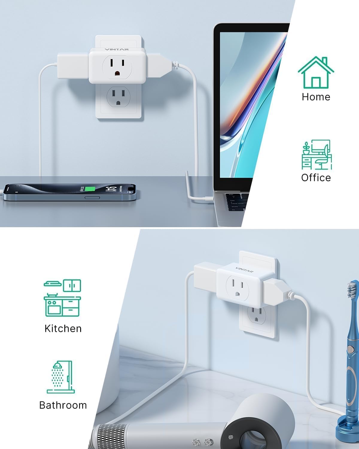 VINTAR Multi Plug Wall Outlet Extender 2 Pack, 3 Way Plug Adapter, White | Electrical Multiple Outlet Splitter, Small Wall Expander, For Home Office Dorm Cruise Ship Travel Essentials, ETL Listed