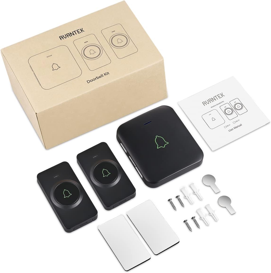AVANTEK Wireless Doorbell, 1000 ft Range, 2 Buttons + 1 Receiver, Black | 115 dB Volume, LED Flash, Different Chimes per Button, IP55 Waterproof, 3-Year Battery, No Wi-Fi