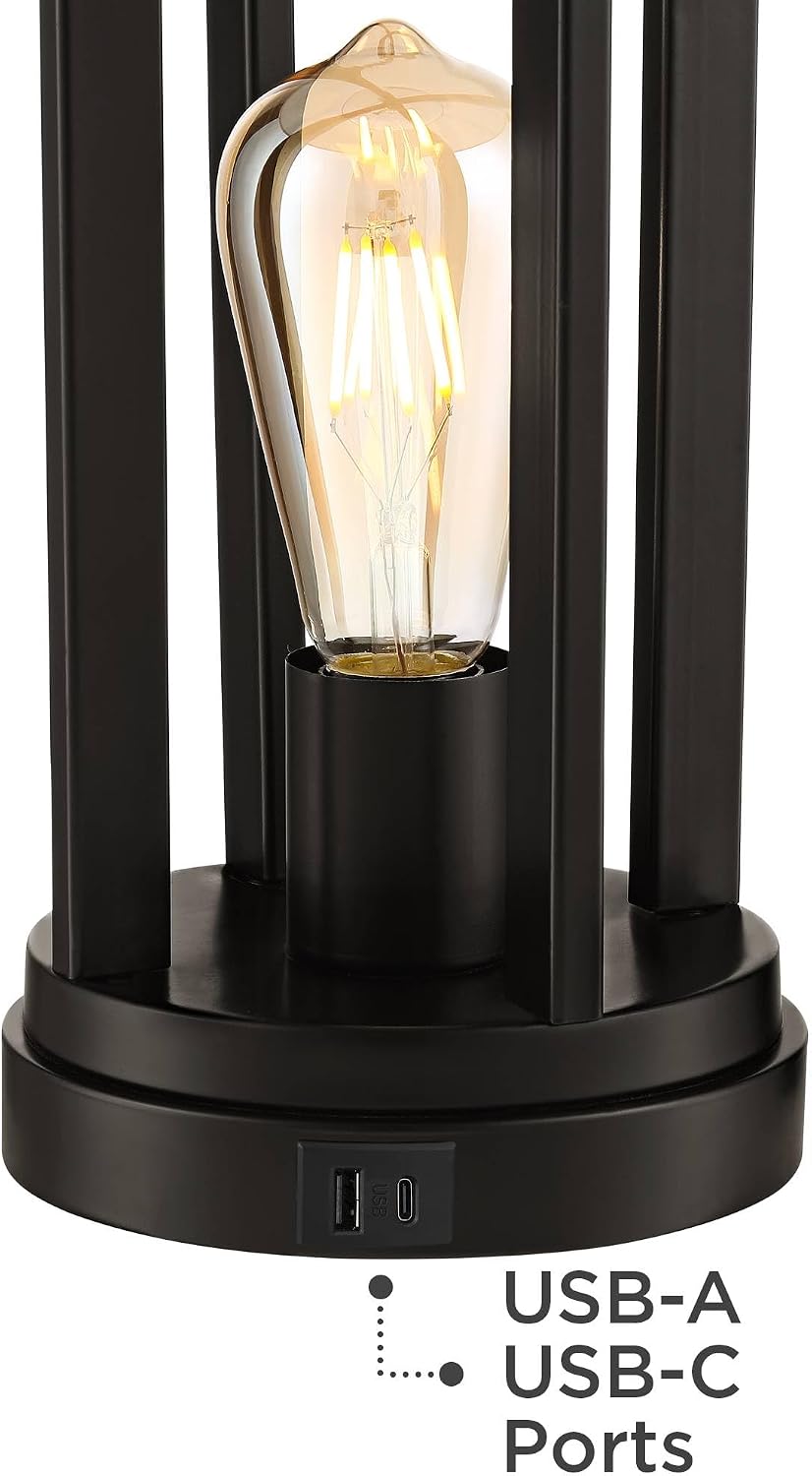 Marcel 24 1/4" High Table Lamp USB Set of 2 LED Night Light Black Modern | USB Port A+C Charging Natural Industrial Metal Bedroom Living Room House Bedside Nightstand Linen Shade