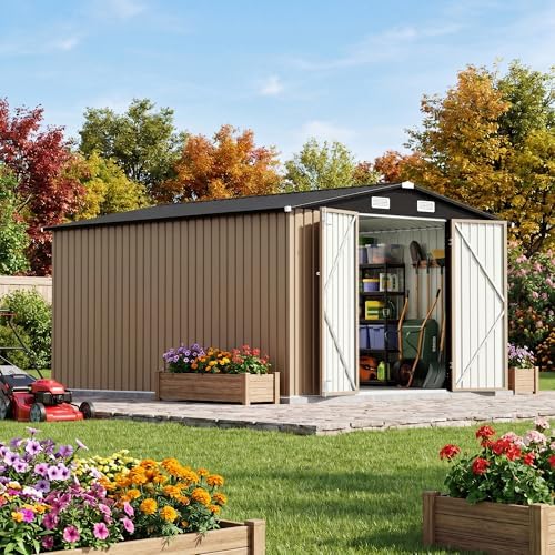 jummico 10x12 ft outdoor storage shed, heavy duty, front angle view