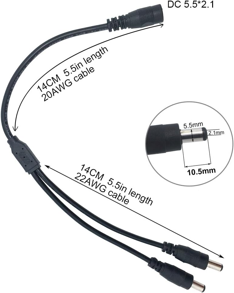 Power Splitter, 2 Way, 1 Female Jack to 2 Male Plugs, 5.5mm x 2.1mm, 1:2, Y Adaptor Copper Cable, for CCTV Camera & LED Strip Lighting Power Supply Connector