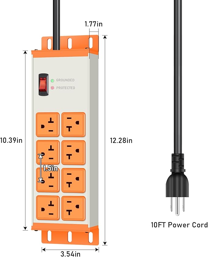 JUNNUJ Heavy Duty 20 Amp Surge Protector 4800J, Garage Metal 8 Outlets 12 Gauge - Image 7