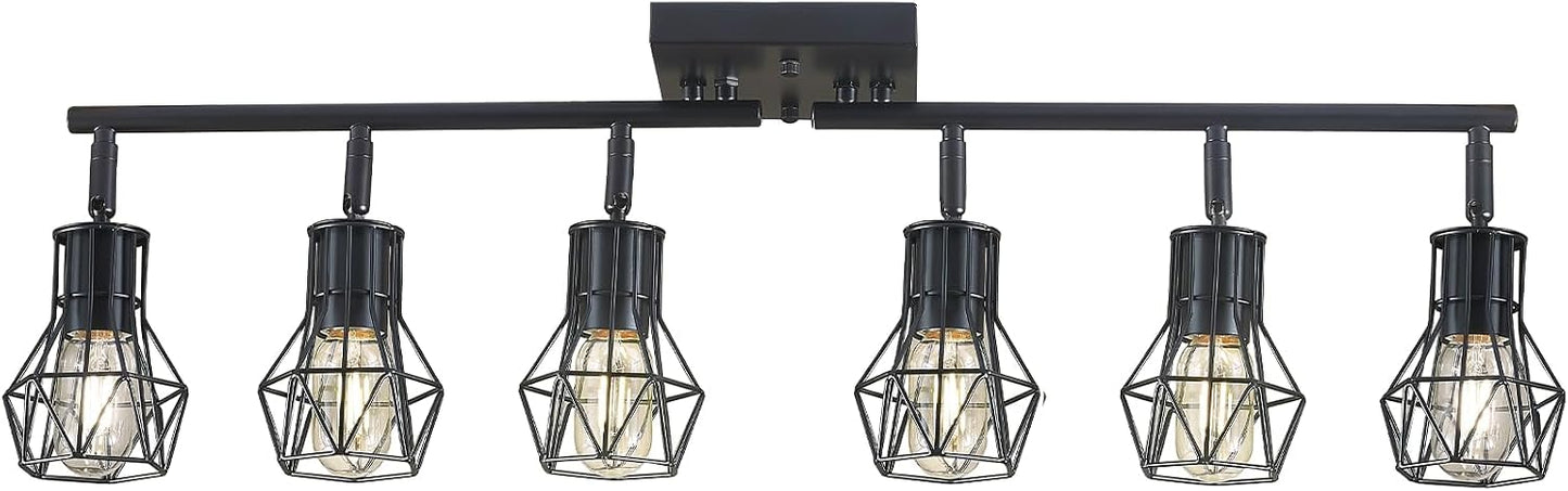 Matte Black Ceiling Mount Track Lighting 6-Light E26 for Kitchen | Matte Black 6-Light Farmhouse Track Lighting, Metal Cage, Adjustable Heads, E26 Base for Kitchen Bathroom Living Room