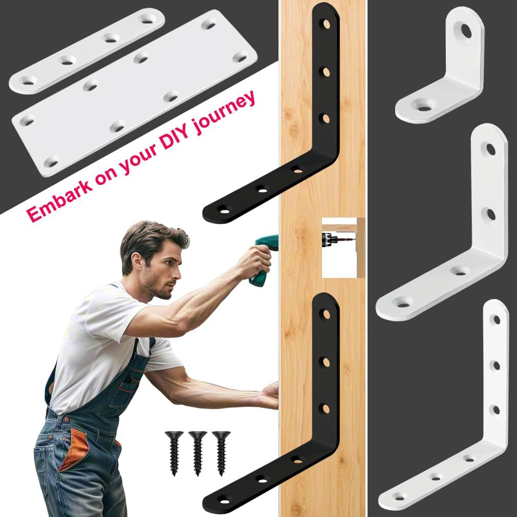 Black L Bracket 4 Inch Stainless Steel Corner Braces, 8 Pack 100x100mm 90 Degree Right Angle Joint Brackets for Wood Shelves Cabinets, with Screws