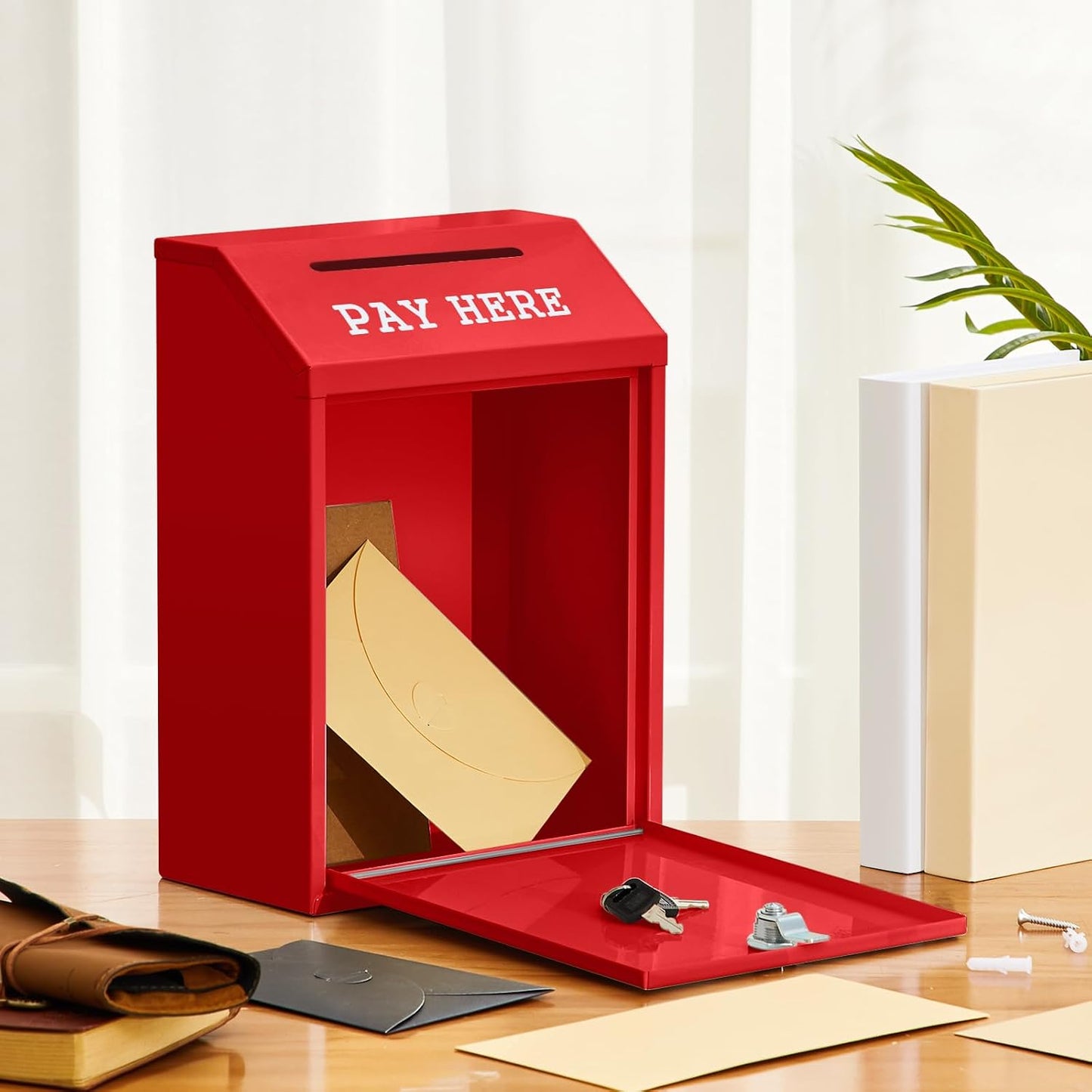 Yaocom Metal Money Cash Box,Red,11.8 x 8.6 x 4.7 Inch | Wall Mount Pre-drilled Farm Stand Outdoor, Lockable Drop Slot for Donations, Pay Here Self-serve Safe Cash Lock Box