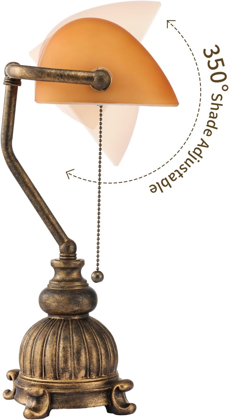 Retro Amber Glass Bankers Desk Lamp,LED Bulb Included | Pull Chain Switch for Home Office Library Plug in Fixture