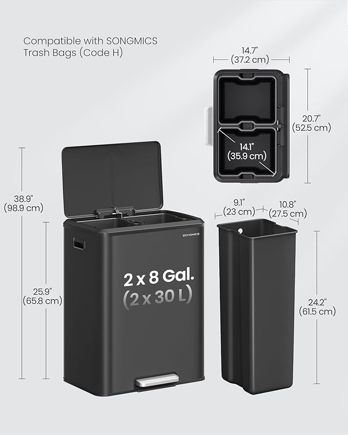 SONGMICS Trash Can, 2 x 8 Gallon Double Garabge Can - Image 6