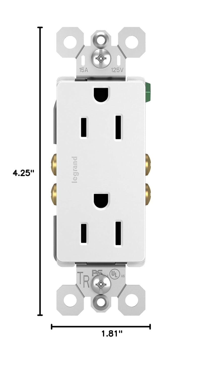 Legrand radiant 15 Amp Tamper Resistant Decorator Outlet White 1 Pack | Pass & Seymour Residential Grade, Décor Wall Outlet, Push Wire, Side Wire, Child-Safe Shutters, Duplex Receptacle