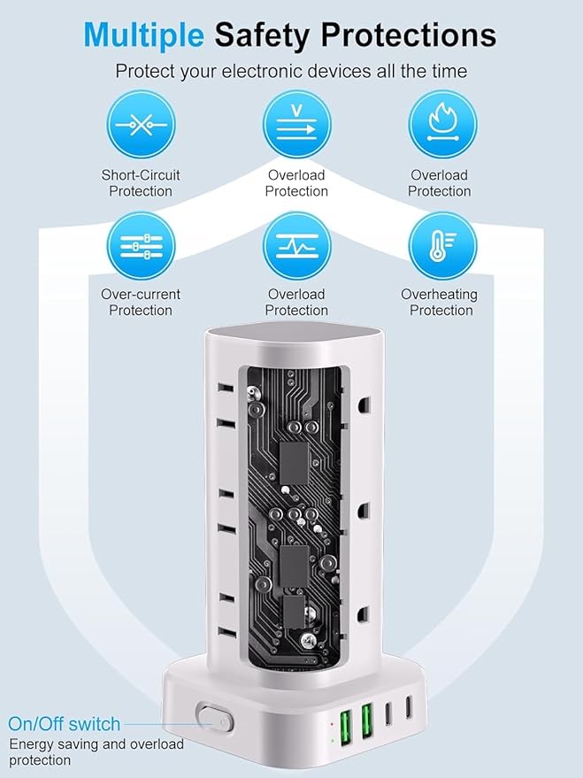 Power Strip Tower with Wireless Charger, Flat Plug Surge Protector Tower with - Image 8