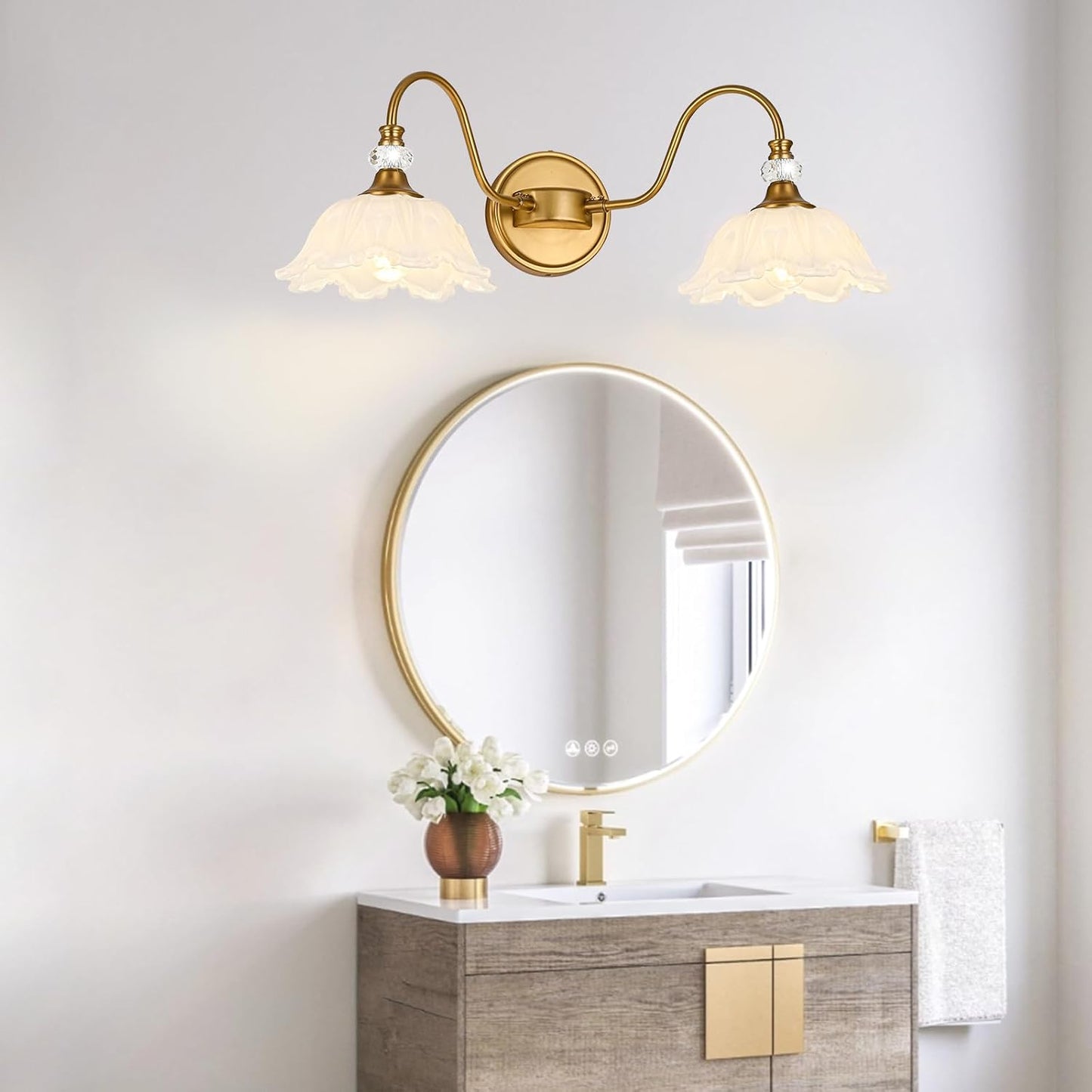 Vintage Bathroom Vanity Light, 2-Light Matte Brass Finish Vanity Light with Floral White Glass Shades, Retro Wall Sconce for Bathroom, Dressing Table
