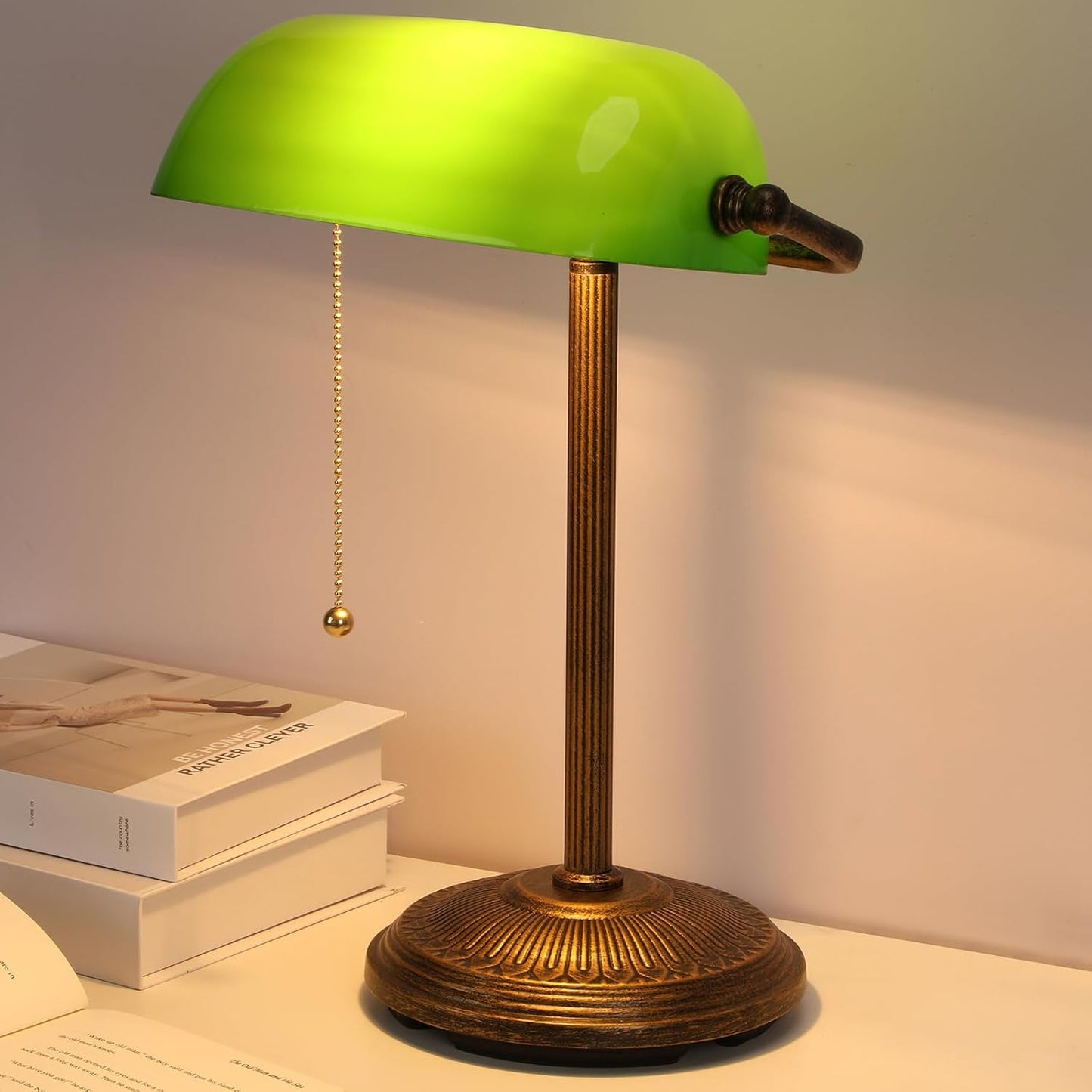 NISSAFORS Bankers Desk Lamp, Green Glass Shade, Vintage Desk Lamp with Pull Chain Switch, Retro Table Lamps for Home Office(Retro Gold+Green, Small)