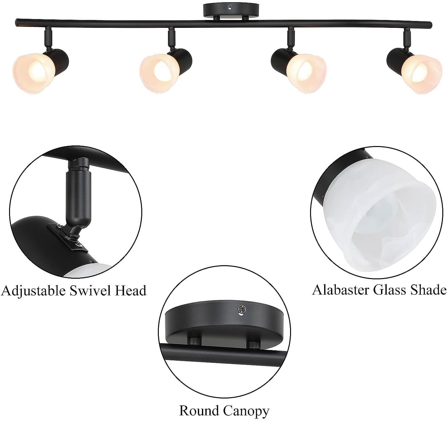 XiNBEi Lighting Black Track Lighting Kit with Glass for Bathroom, 4 Light | Curved Ceiling Spot Light, E26, S-Shaped Bar, Adjustable Head, Ceiling Light Fixture, For Kitchen Sink & Bathroom Hallway