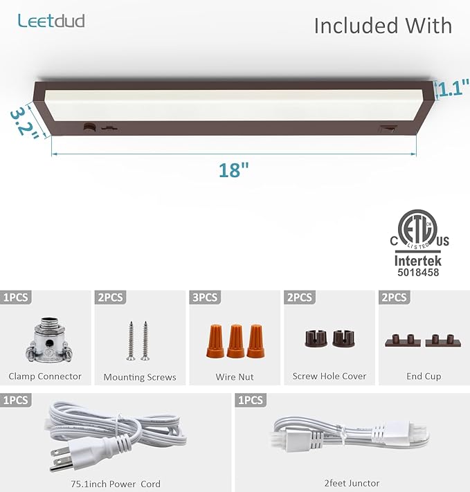 Leetdud Under Cabinet Lighting Plug in or Hardwired Built-in Dimmer, 18 Inch 9W - Image 9